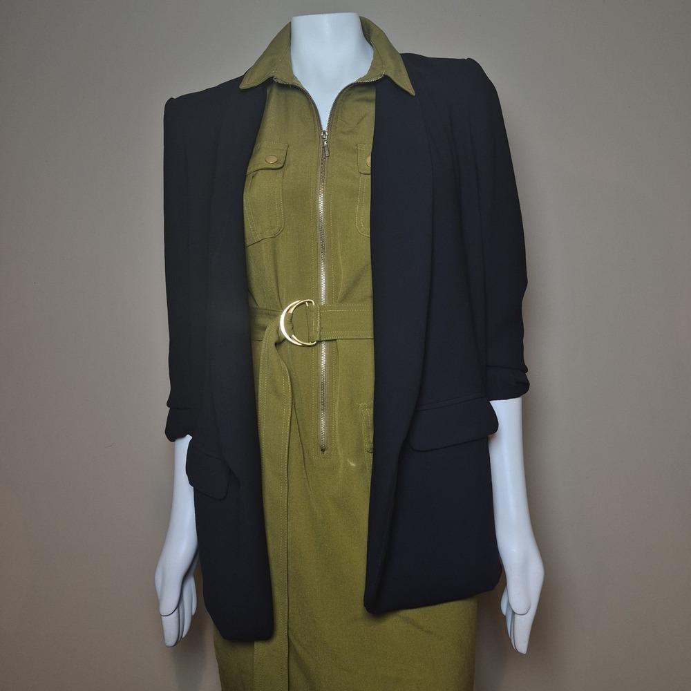 Forever 21 Contemporary Womens Black Ruched 3/4 Sleeve Open Front Blazer Large